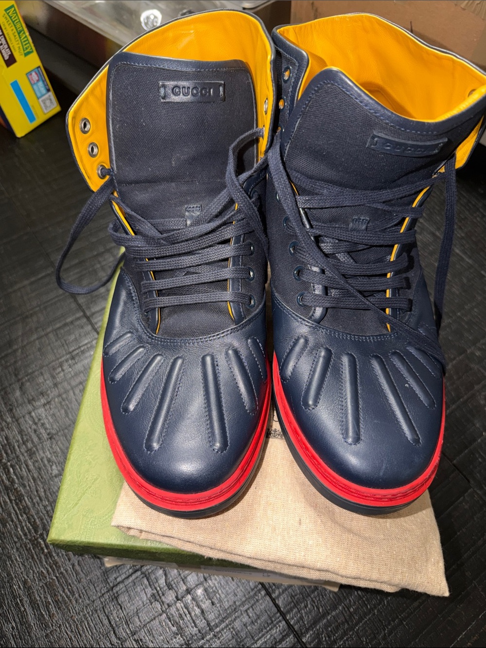 Gucci Navy Blue and Yellow Sneakers with Red Soles - Picture 6 of 6